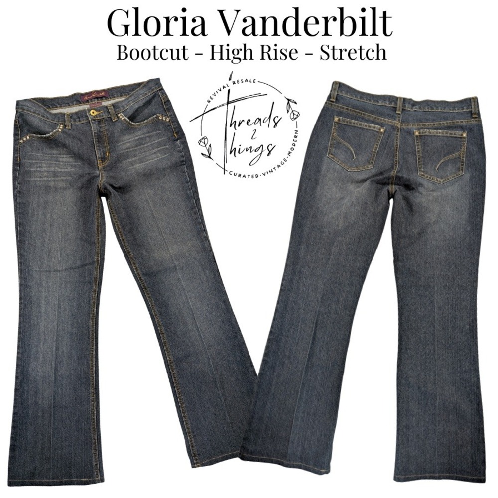 Gloria Vanderbilt Jeans Womens 12 Med Wash Bootcut Hi-Rise Embellish Denim Flare